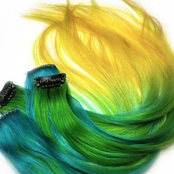Remy Human Hair Extensions Clip in Galaxy Hairstyles Green Blue Yellow Colormet main image 4